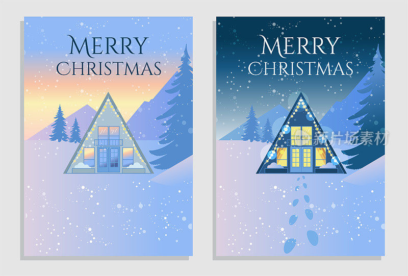 Beautiful set of happy Christmas and New year greeting cards. Mini house triangular shape in the mountains during snowfall at night and in the morning. Vector illustration for a postcard, poster, or banner.